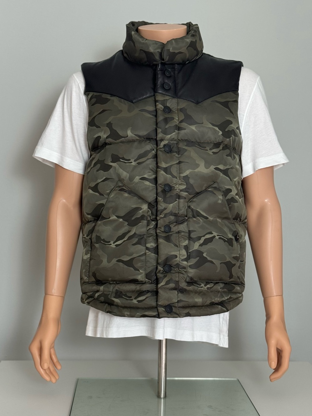 True Religion Olive Green Camo Puffer Vest with Black Yoke